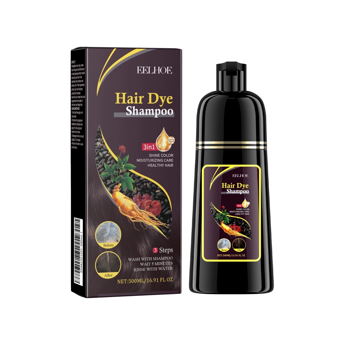 500ml Eelhoe Black Hair Shampoo Repair Dry Damaged Hair Clean Nourish Polygonum Multiflorum Thunb Natural Herbal Quick Hair Dye