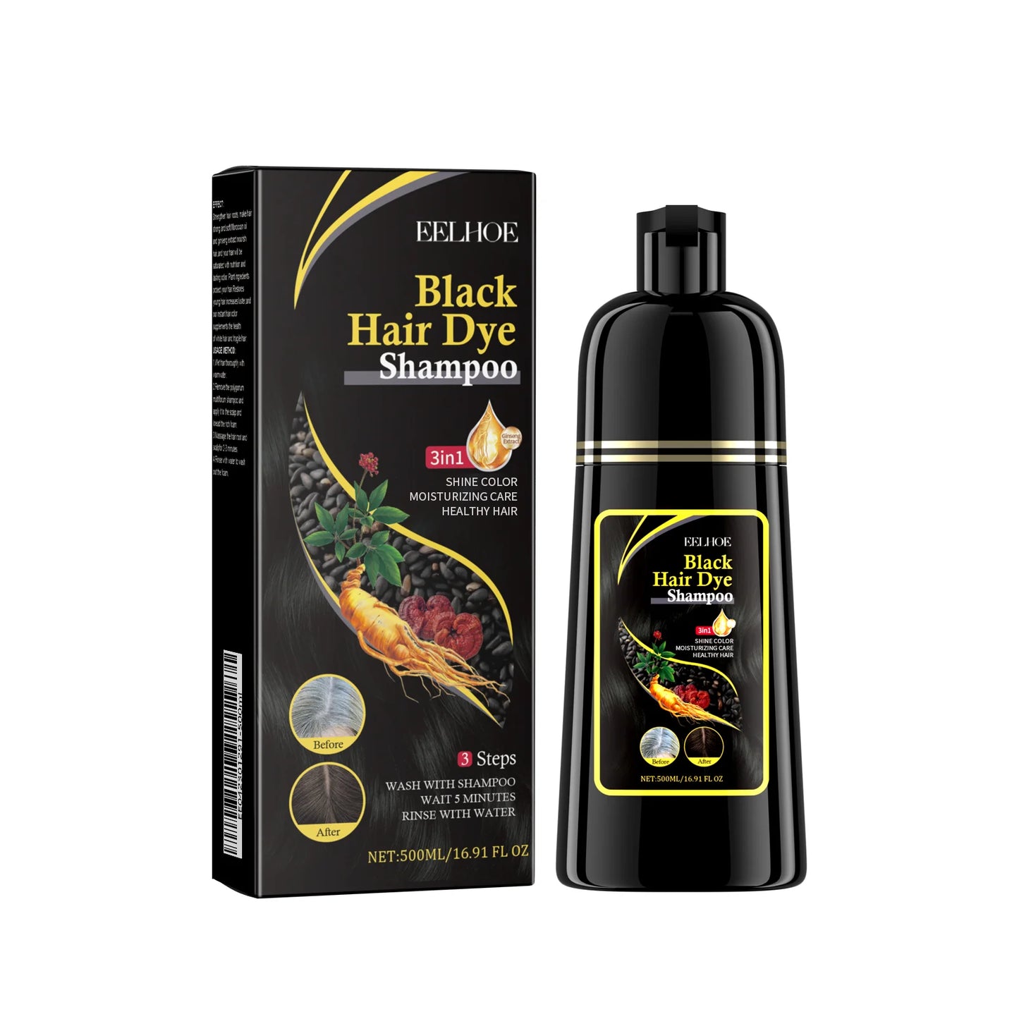 Eelhoe 500ml Black Hair Shampoo – Herbal Repair & Instant Color Dye
