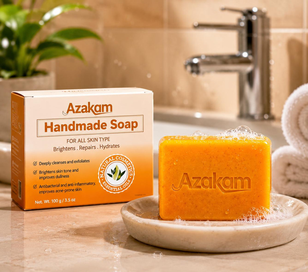 AZAKAM 100g Turmeric Blend Kojic Acid Solid Cleanser Soap (Pack of 6) - Gentle, Hydrating Daily All-Skin Facial & Body Cleanser for Pore Care, Acne Support, Oil Control, Tone Brightening