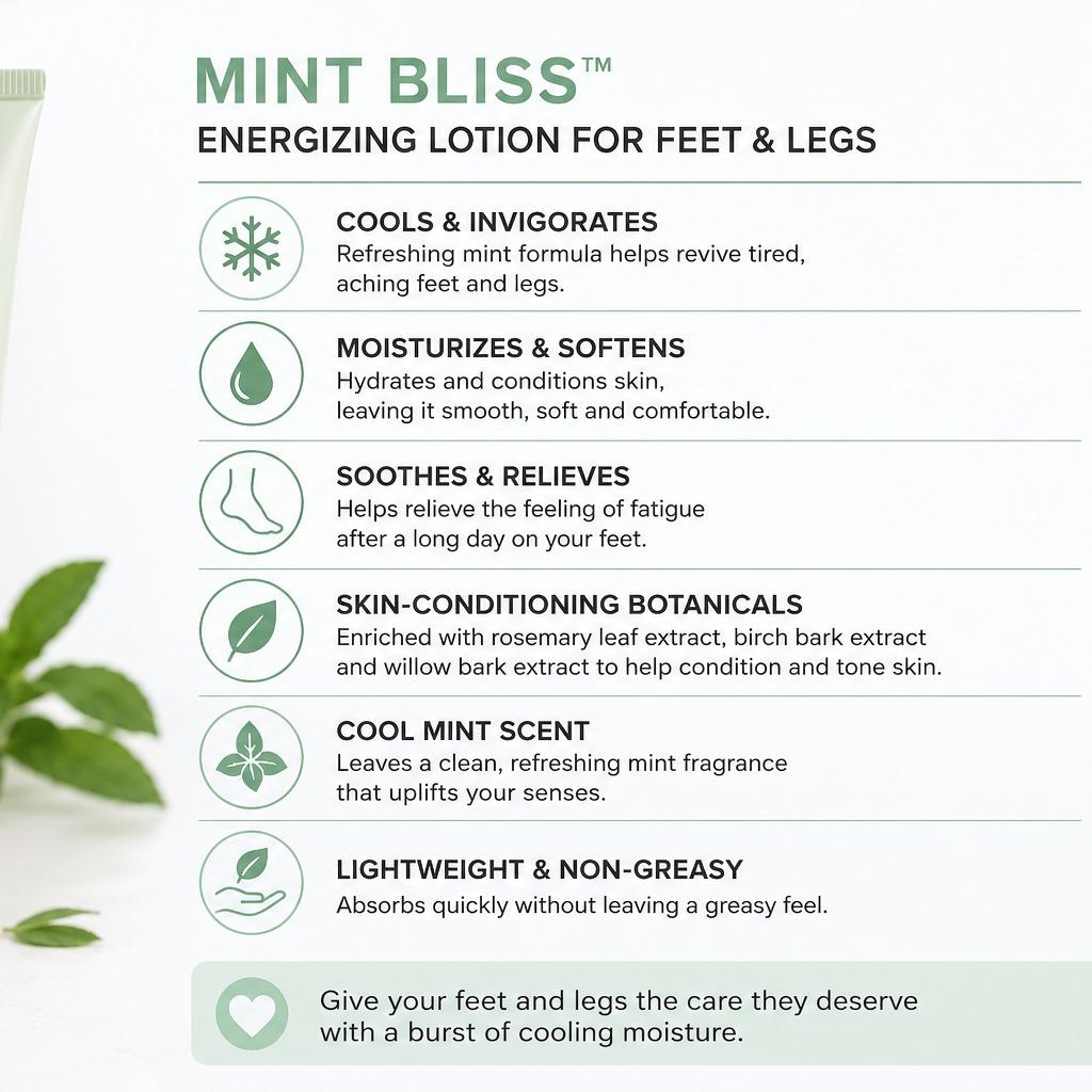 Mint Bliss Invigorating Foot & Leg Lotion - 3.0-5.9 fl oz Hydrate Lotion Moisturizer, Glycerin-Infused, Lightweight, Cooling, Revitalizes Dry Skin, Peppermint-Scented Foot Care Products