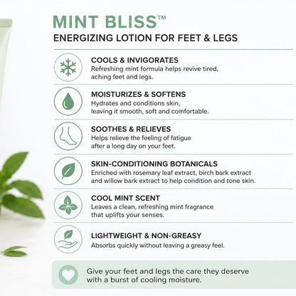 Mint Bliss Invigorating Foot & Leg Lotion - 3.0-5.9 fl oz Hydrate Lotion Moisturizer, Glycerin-Infused, Lightweight, Cooling, Revitalizes Dry Skin, Peppermint-Scented Foot Care Products
