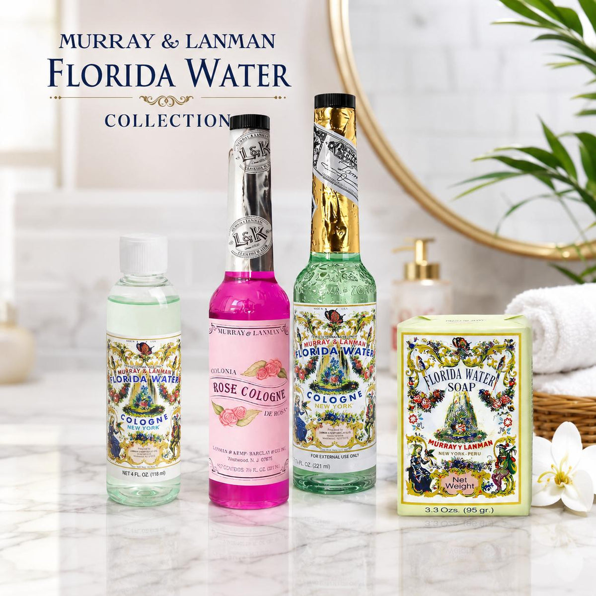Murray & Lanman Unisex Florida Water 4-Piece Bodycare Scented Set - 7.5 oz Splash, 4 oz Eau de Toilette Spray, Rose Water Cologne, Soap Bar - Bottled Mixed Fragrance for Adults (Home/Travel Use) [Cologne Discovery, Fragrance Beauty], Cologne Discovery Set