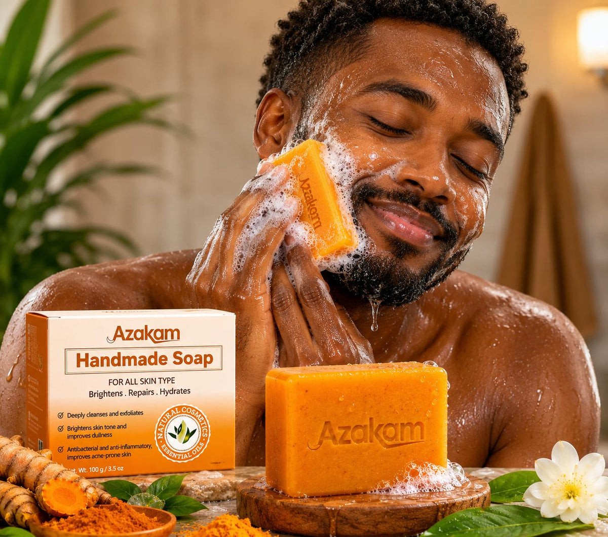 AZAKAM 100g Turmeric Blend Kojic Acid Solid Cleanser Soap (Pack of 6) - Gentle, Hydrating Daily All-Skin Facial & Body Cleanser for Pore Care, Acne Support, Oil Control, Tone Brightening