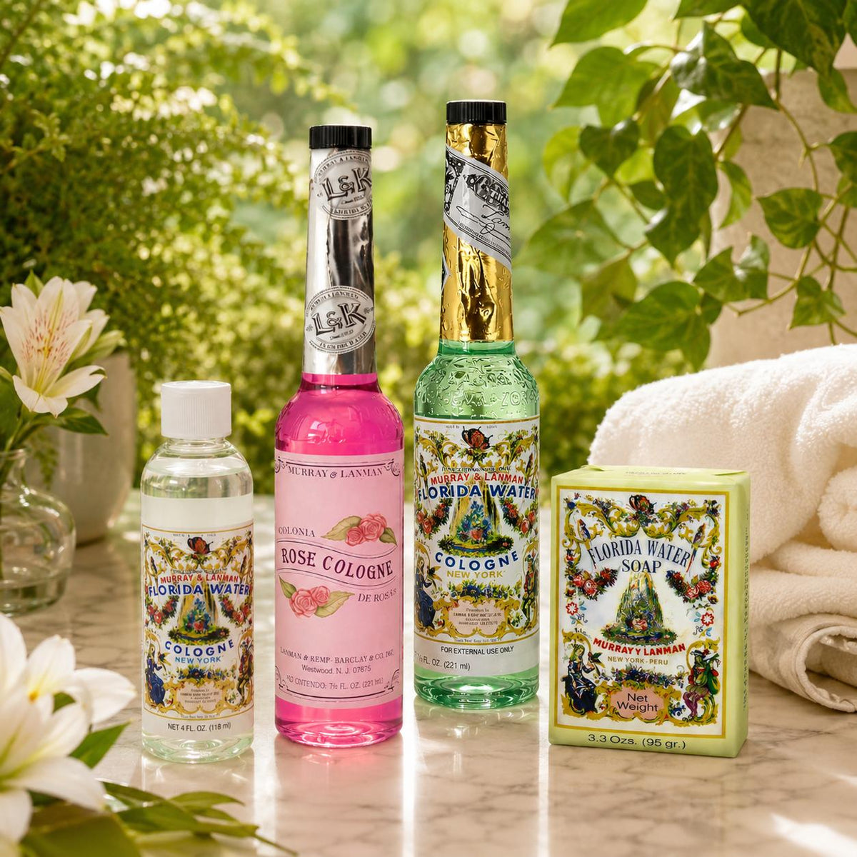 Murray & Lanman Unisex Florida Water 4-Piece Bodycare Scented Set - 7.5 oz Splash, 4 oz Eau de Toilette Spray, Rose Water Cologne, Soap Bar - Bottled Mixed Fragrance for Adults (Home/Travel Use) [Cologne Discovery, Fragrance Beauty], Cologne Discovery Set