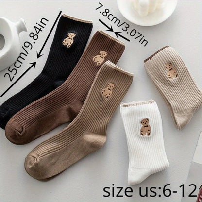 5 Pairs of Mixed Color Teddy Bear Mid Tube Socks with Cute Cartoon Pattern Design, Suitable for Casual Wear in All Seasons