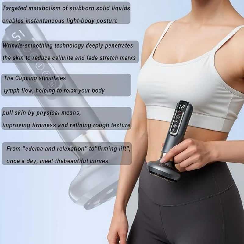 A full - body cupping, scraping and massaging device with 12 - level intensity, powered by USB and using vacuum cupping technolo