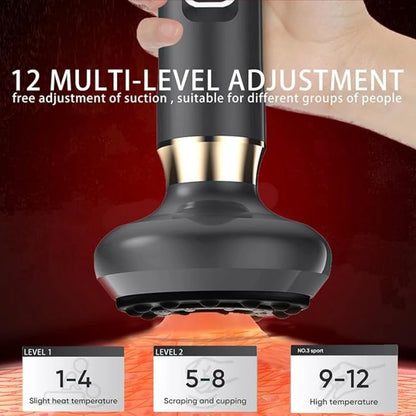 A full - body cupping, scraping and massaging device with 12 - level intensity, powered by USB and using vacuum cupping technolo