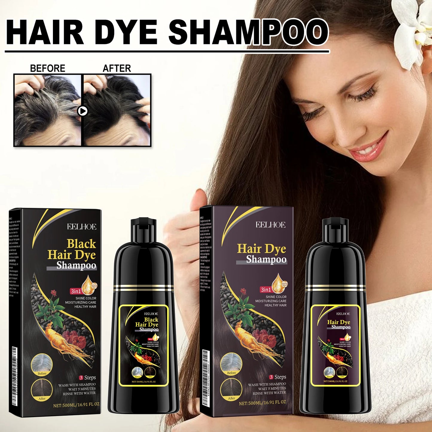 500ml Eelhoe Black Hair Shampoo Repair Dry Damaged Hair Clean Nourish Polygonum Multiflorum Thunb Natural Herbal Quick Hair Dye