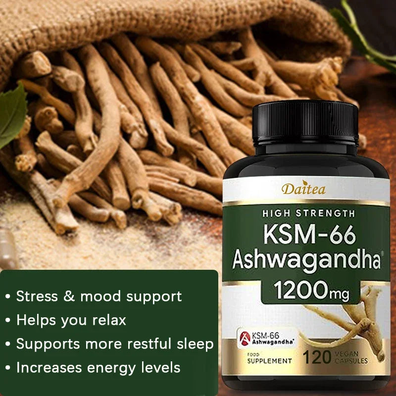 KSM-66 Ashwagandha Extract Capsules 1200mg, Helps with Stress Relief, Mood, Sleep Support, Balanced Energy Levels