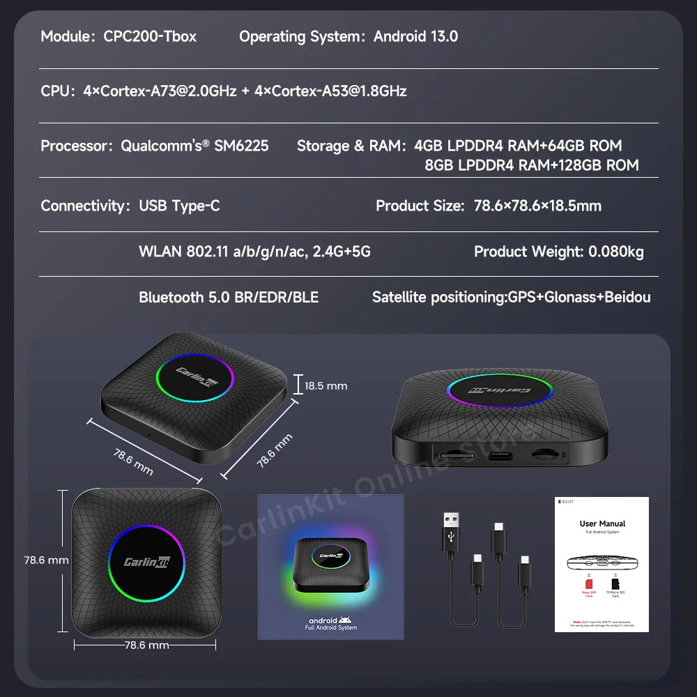 Carlinkit Android 13 Tv Box LED 8+128GB CarPlay Wireless Android Auto Wireless Adapter Support Youtube Netfilx IPTV Spotify GPS