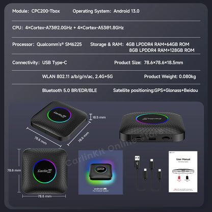 Carlinkit Android 13 Tv Box LED 8+128GB CarPlay Wireless Android Auto Wireless Adapter Support Youtube Netfilx IPTV Spotify GPS