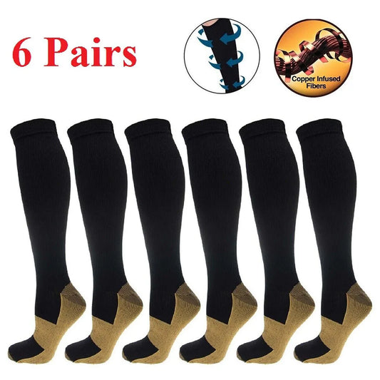 6 Pair Copper Compression Socks Women Men Anti Fatigue Pain Relief Graduated Unisex Compression Stockings Knee High 20-30 MmHg
