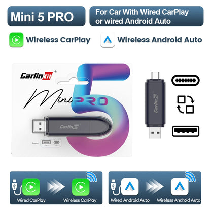 CarlinKit 5.0 Wireless Adapter Mini Ultra Wireless Android Auto & CarPlay USB Dongle For Car Upgrade WiFi Bluetooth Auto Connect