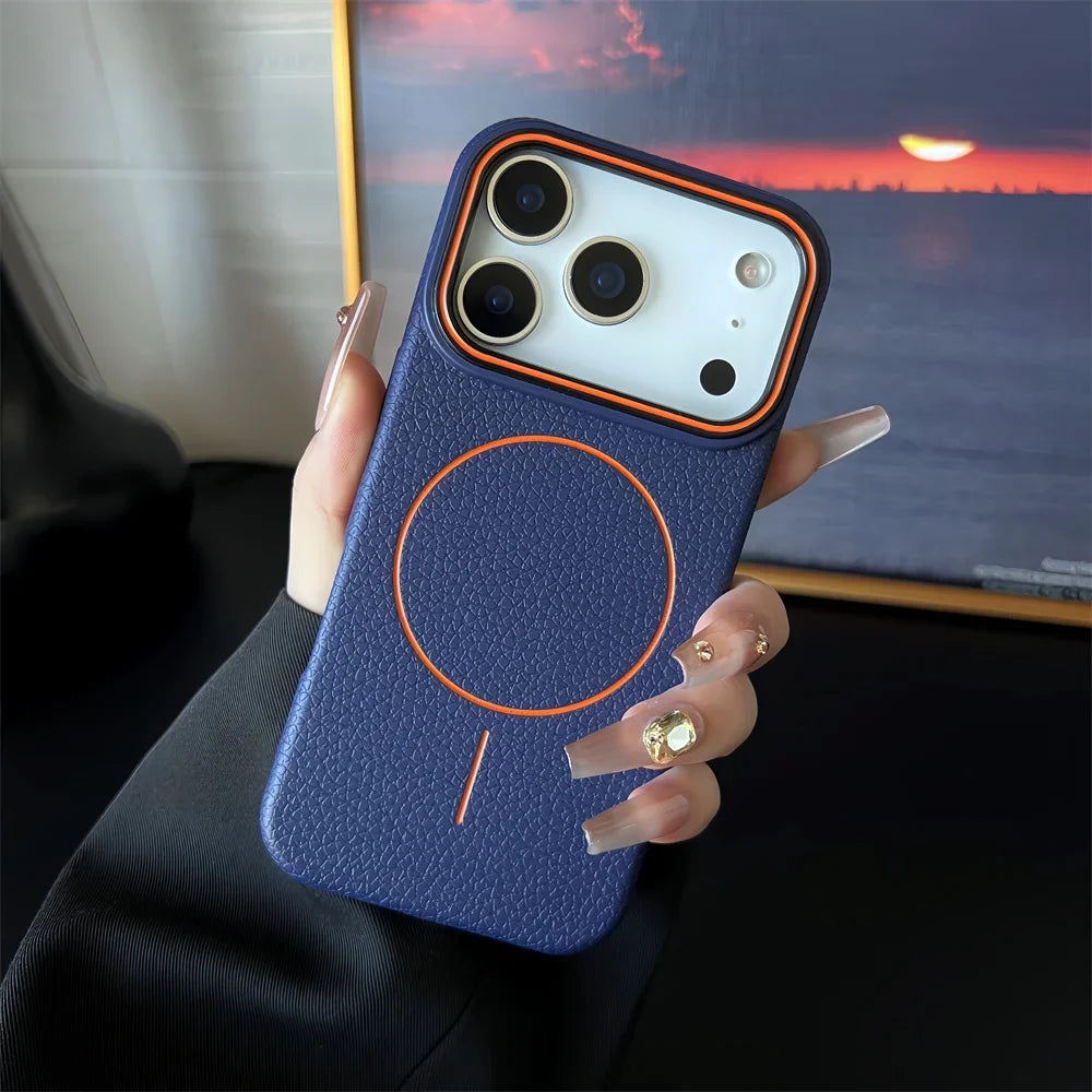 Frosted Hit Color Lichee Pattern Magnetic Phone Case For iPhone 17 Pro Max  For Magsafe TPU Soft Cover