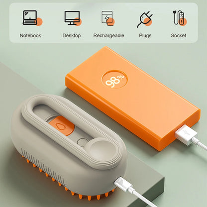 3-in-1 Steam Pet Brush – Electric Spray Grooming Comb (USB Rechargeable)