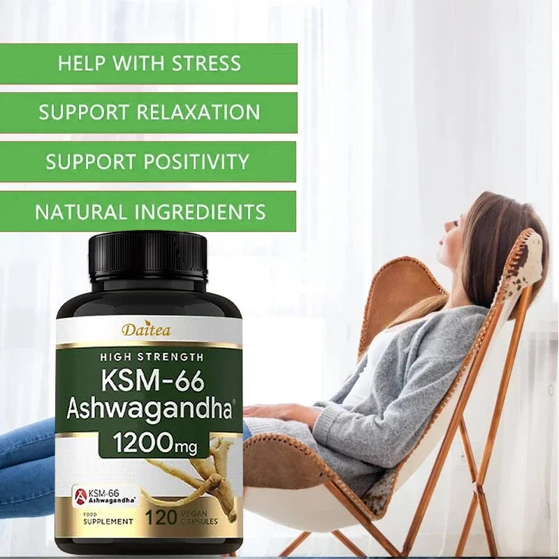 KSM-66 Ashwagandha Extract Capsules 1200mg, Helps with Stress Relief, Mood, Sleep Support, Balanced Energy Levels