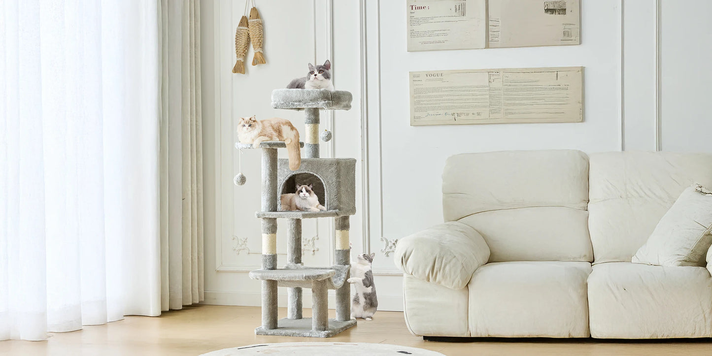 JHK 44In Cat Tree Tall Multi-Cat Climbing Tower for Pet Furniture Natural Sisal Scratching Posts Stable Pet House for Indoor Cat