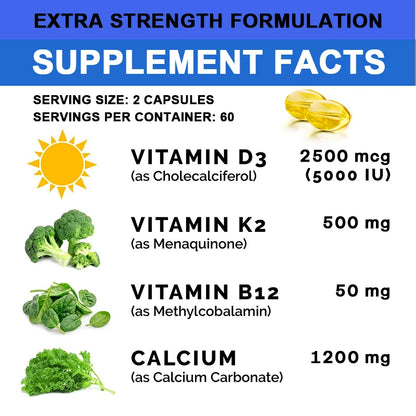 Calcium + D3 + K2 + B12 Capsules - Support Bone and Muscle Health, Replenish Joints