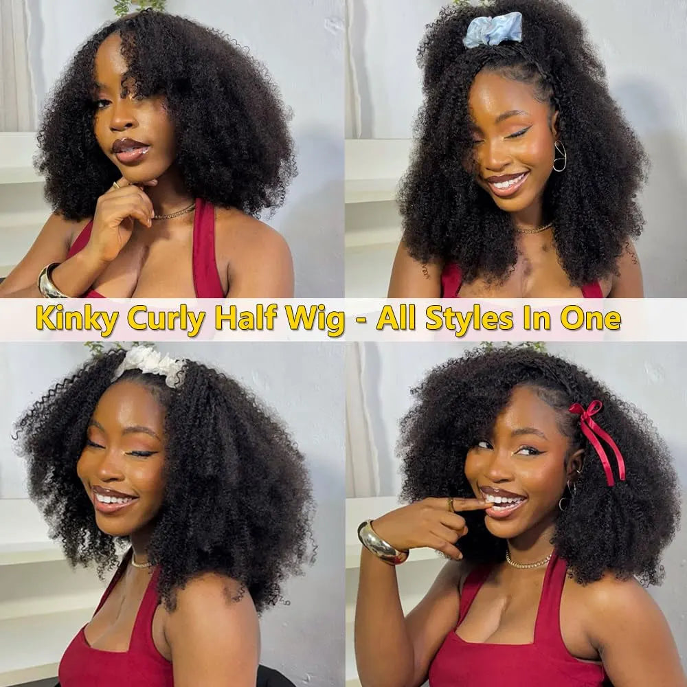 250% Half Wigs Human Hair Afro Kinky Curly Headband Wig Upgrade 3 IN 1 Half Wig With Drawstring Seamless Clip Ins Flip Over