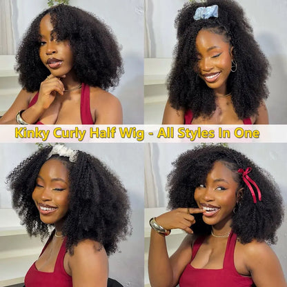 250% Half Wigs Human Hair Afro Kinky Curly Headband Wig Upgrade 3 IN 1 Half Wig With Drawstring Seamless Clip Ins Flip Over