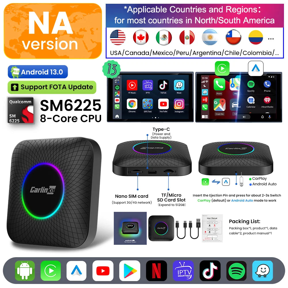 Carlinkit Android 13 Tv Box LED 8+128GB CarPlay Wireless Android Auto Wireless Adapter Support Youtube Netfilx IPTV Spotify GPS