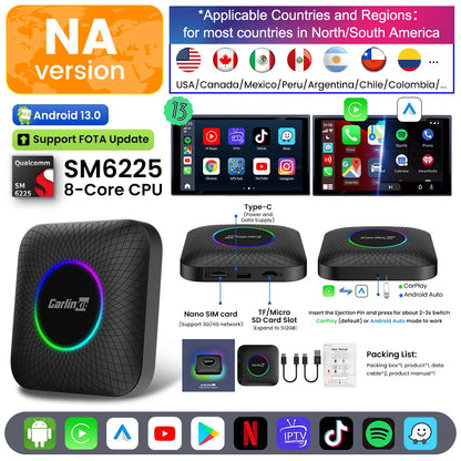 Carlinkit Android 13 Tv Box LED 8+128GB CarPlay Wireless Android Auto Wireless Adapter Support Youtube Netfilx IPTV Spotify GPS