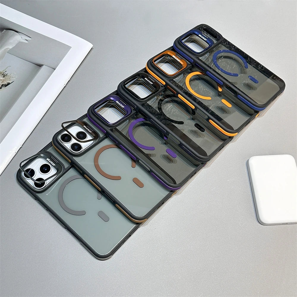 Luxury Matte Transparent Magsafe Kickstand Stand Phone Case For iPhone 17 Air 16 15 14 Plus 13 12 11 17 Pro Max Magnetic Cover