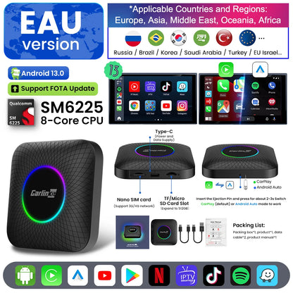 Carlinkit Android 13 Tv Box LED 8+128GB CarPlay Wireless Android Auto Wireless Adapter Support Youtube Netfilx IPTV Spotify GPS
