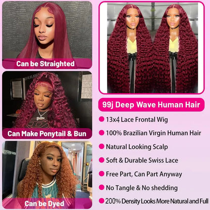 30 Inch Burgundy 99j Deep Wave Frontal Wig Colored Curly Human Hair Wigs 200 250 Density 13x4 Hd Lace Frontal Human Hair Wigs