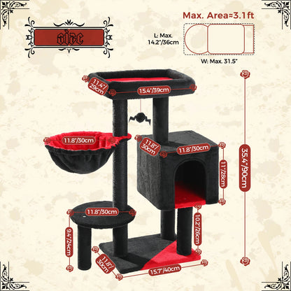 90cm Cat Tree with Scratching Post, Dangling Bell Ball,Spacious Top Bed,Cozy Hammock,Private Cat Condo Suitble for Indoor Cats