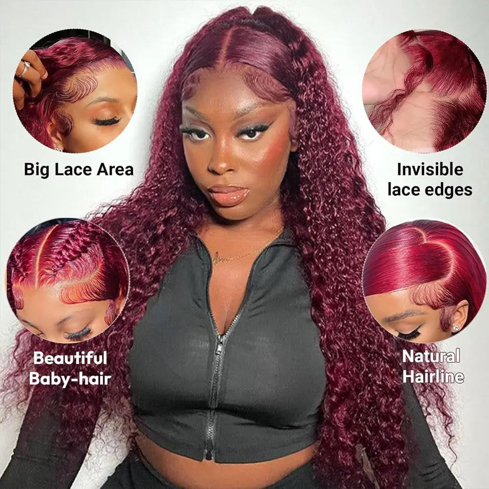 30 Inch Burgundy 99j Deep Wave Frontal Wig Colored Curly Human Hair Wigs 200 250 Density 13x4 Hd Lace Frontal Human Hair Wigs