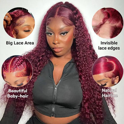 30 Inch Burgundy 99j Deep Wave Frontal Wig Colored Curly Human Hair Wigs 200 250 Density 13x4 Hd Lace Frontal Human Hair Wigs