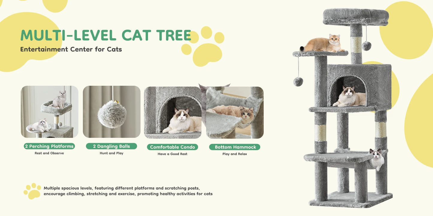 JHK 44In Cat Tree Tall Multi-Cat Climbing Tower for Pet Furniture Natural Sisal Scratching Posts Stable Pet House for Indoor Cat