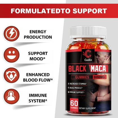 Black Maca Gummies - Performance and Mood Supplement, Supports Natural Health, Muscle Growth, Energy - 60 Gummies