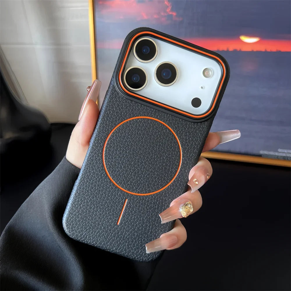 Frosted Hit Color Lichee Pattern Magnetic Phone Case For iPhone 17 Pro Max  For Magsafe TPU Soft Cover