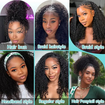 250% Half Wigs Human Hair Afro Kinky Curly Headband Wig Upgrade 3 IN 1 Half Wig With Drawstring Seamless Clip Ins Flip Over