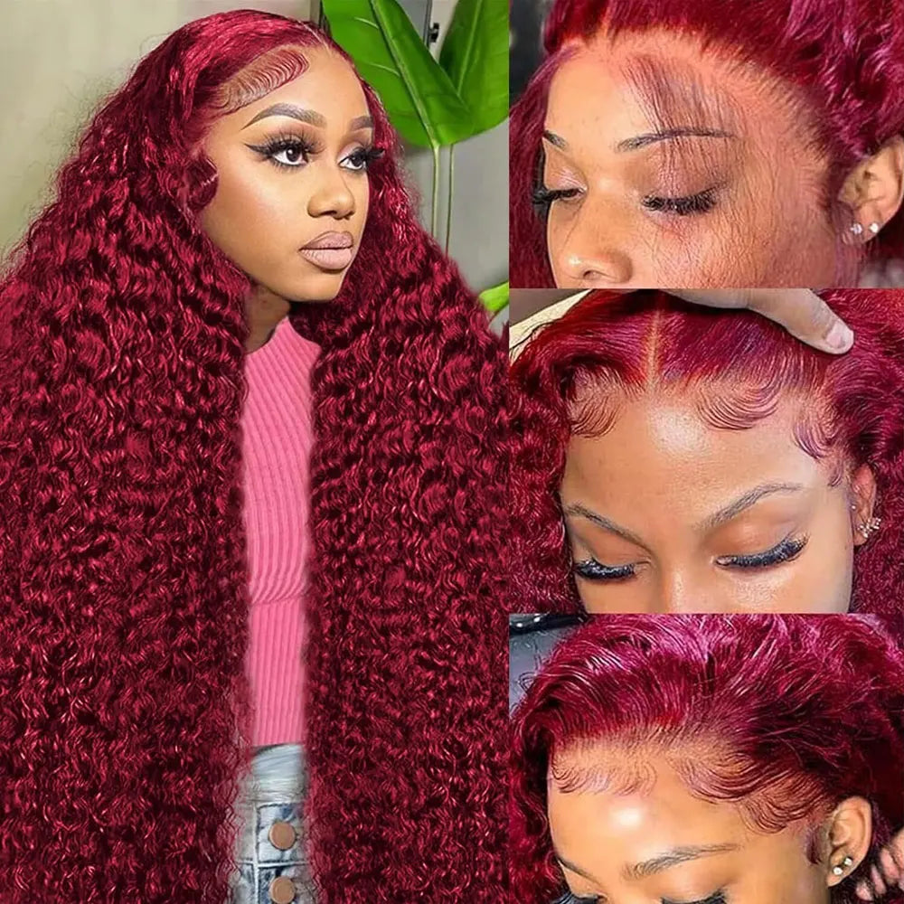 30 Inch Burgundy 99j Deep Wave Frontal Wig Colored Curly Human Hair Wigs 200 250 Density 13x4 Hd Lace Frontal Human Hair Wigs