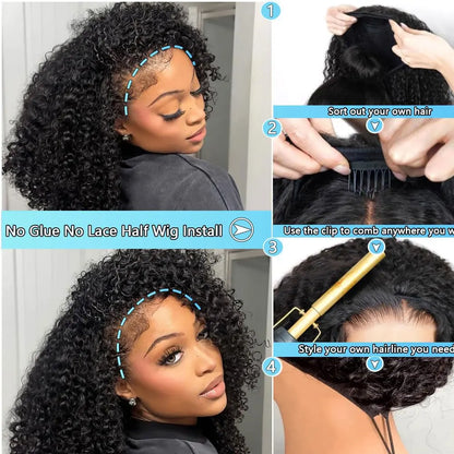 250% Half Wigs Human Hair Afro Kinky Curly Headband Wig Upgrade 3 IN 1 Half Wig With Drawstring Seamless Clip Ins Flip Over