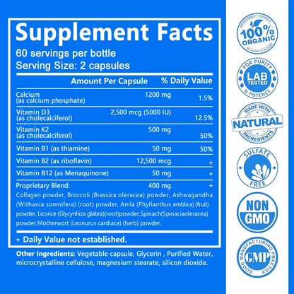 Calcium + D3 + K2 + B12 Capsules - Support Bone and Muscle Health, Replenish Joints