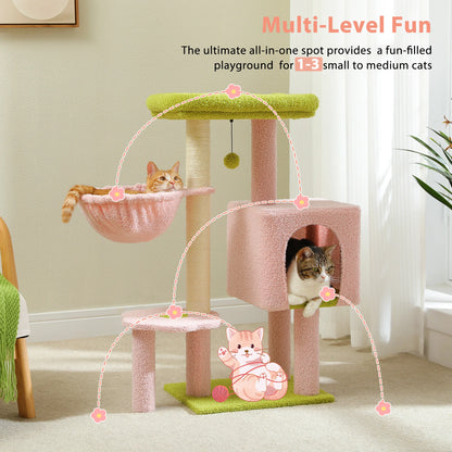 90cm Cat Tree with Scratching Post, Dangling Bell Ball,Spacious Top Bed,Cozy Hammock,Private Cat Condo Suitble for Indoor Cats