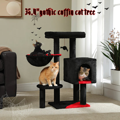 90cm Cat Tree with Scratching Post, Dangling Bell Ball,Spacious Top Bed,Cozy Hammock,Private Cat Condo Suitble for Indoor Cats