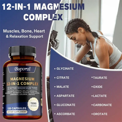 Magnesium Complex - Bone & Heart Health Supplement, Glycine, Citrate, Malate, Aspartate, Gluconate, Ascorbate, Taurine - 120pcs