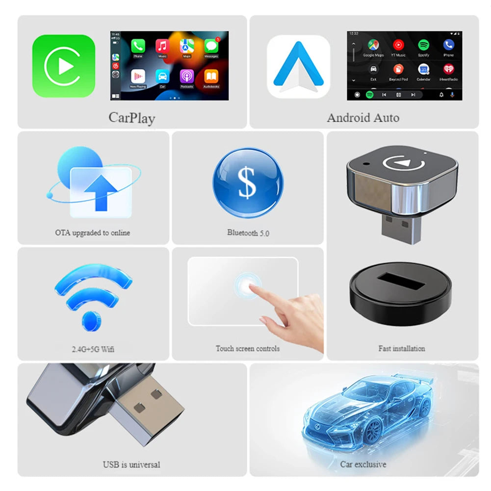 2 in 1 Wireless CarPlay Android Auto Adapter Smart USB Dongle Auto Connect Plug & Play for iPhone and Android Factory Wired Cars