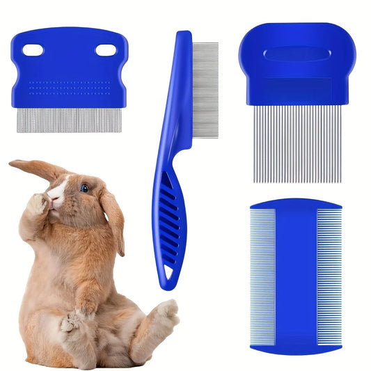 Pack of 4 Flea and Lice Combs, Stainless Steel Rabbit Dog Cat Grooming Comb with Round Teeth, Double-sided Professional Pet Tear