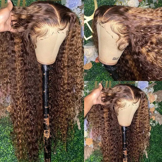 Highlight Curly Wig 13x4 Lace Front Wig Human Hair Wigs Glueless HD Deep Wave Lace Frontal Wig 4/27 Colored Wigs PrePlucked