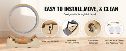 SucceBuy Wooden Cat Exercise Wheel Large Cat Treadmill Wheel for Indoor Cat Running Wheel with Detachable Carpet& Cat Teaser